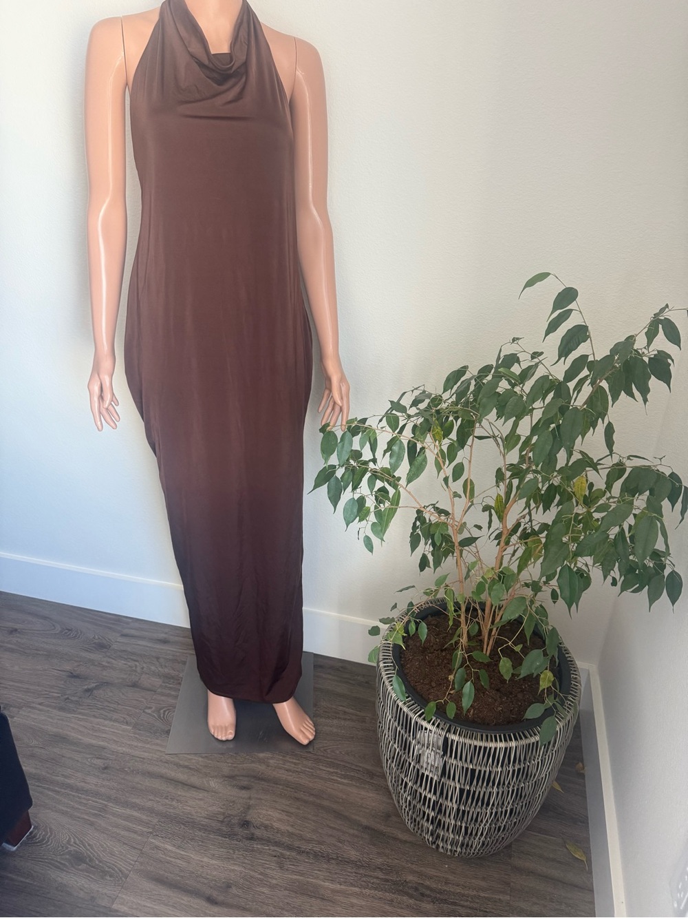 Oh Polly Brown Cowl Neck Backless Maxi Dress